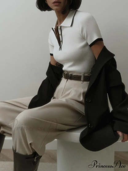 Contrast Trim Metal Trendy Button Knit Top Sweaters-L