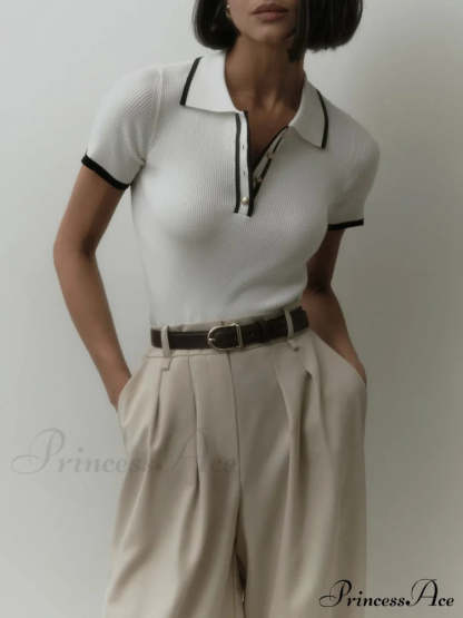 Contrast Trim Metal Trendy Button Knit Top Sweaters-L