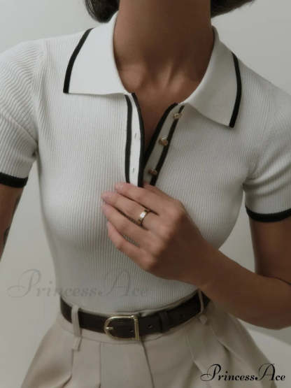 Contrast Trim Metal Trendy Button Knit Top White / Xs Sweaters-L