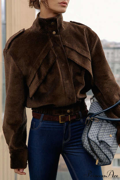 Corduroy Biker Style Elegant Casual Coat Brown / S
