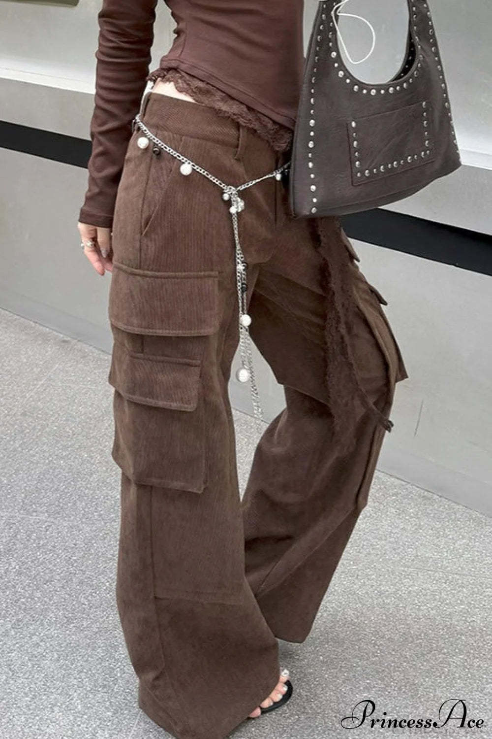 Corduroy Paneled Double Pocket Cargo Pants Brown / S