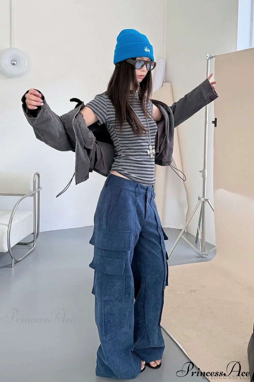 Corduroy Paneled Double Pocket Cargo Pants Dark Blue / S