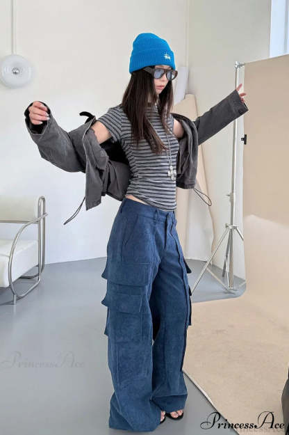 Corduroy Paneled Double Pocket Cargo Pants Dark Blue / S