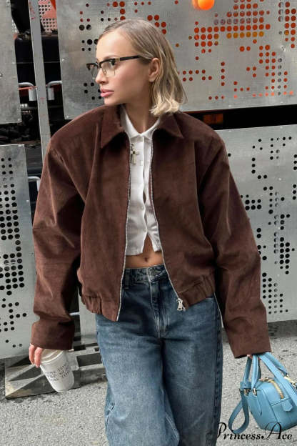 Corduroy Retro Collared Jacket Coat Brown / S