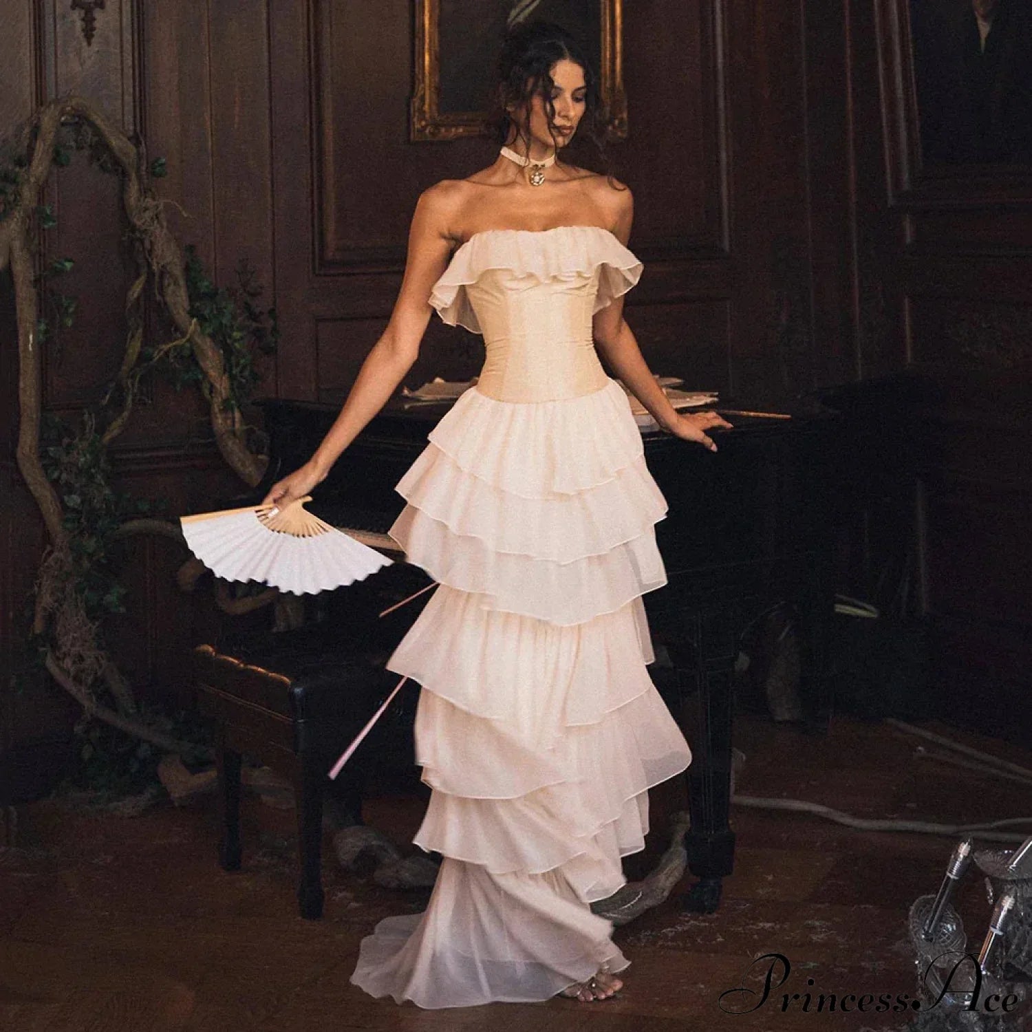 Corset Chiffon Frill Charming Tiered Maxi Dress Long Set