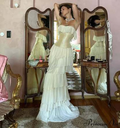 Corset Chiffon Frill Charming Tiered Maxi Dress Long Set