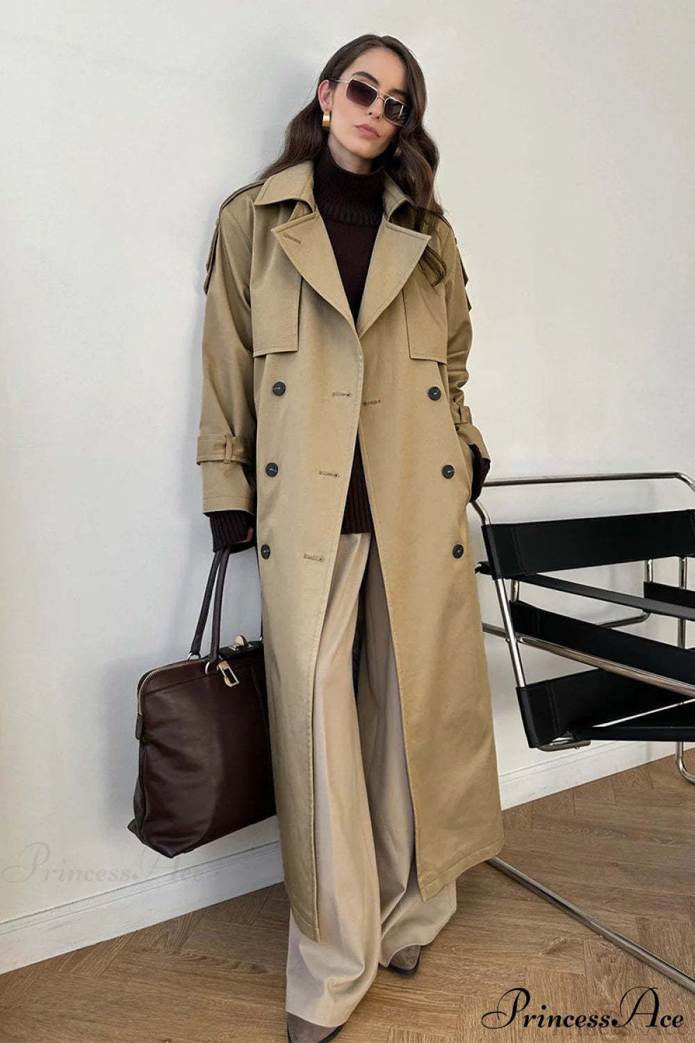Cotton Belted Oversized Long Trench Overcoat Khaki / S