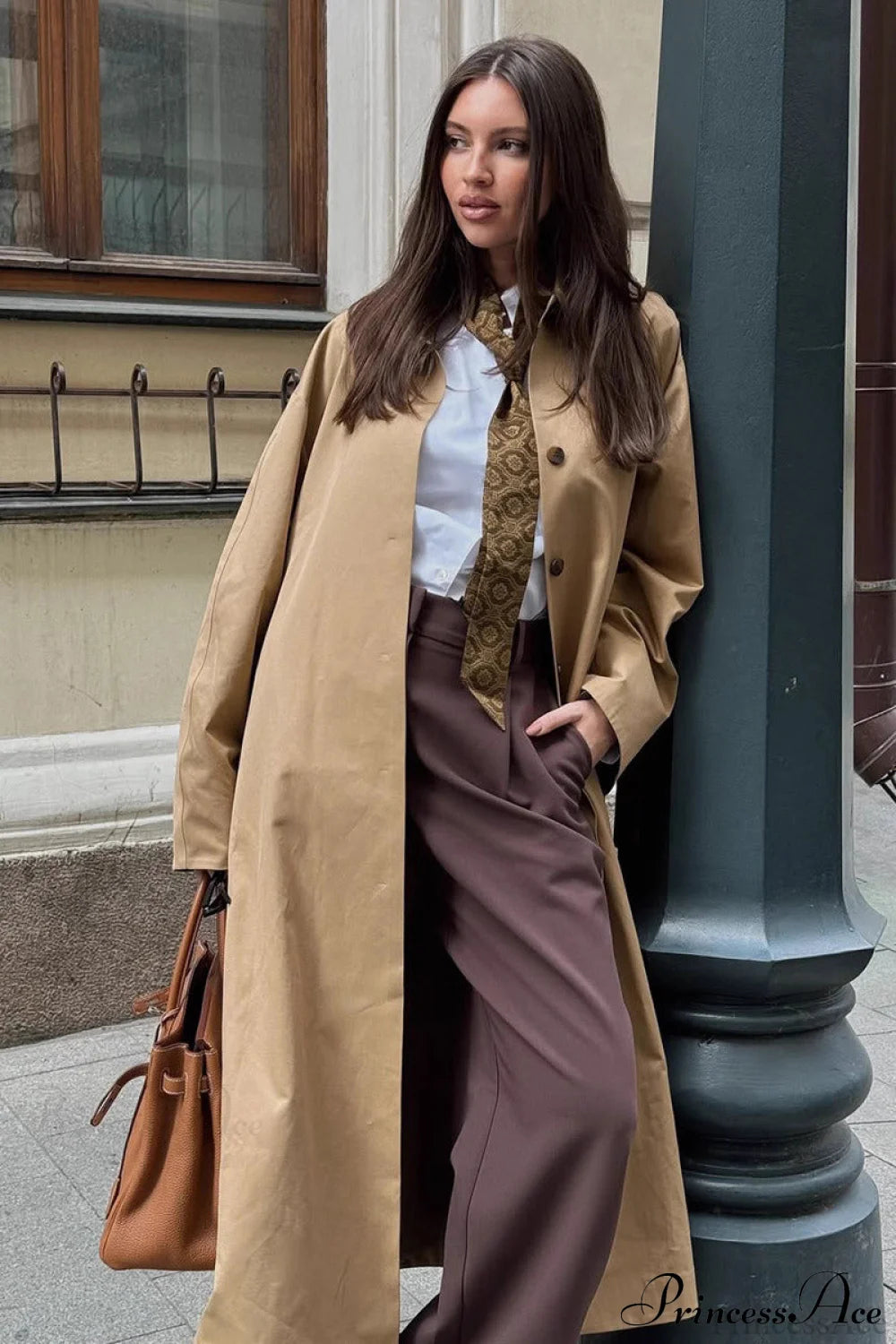 Cotton Lapel Single Breasted Long Loose Overcoat Khaki / S