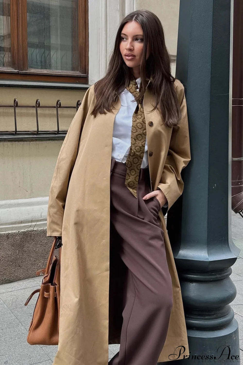 Cotton Lapel Single Breasted Long Loose Overcoat Khaki / S