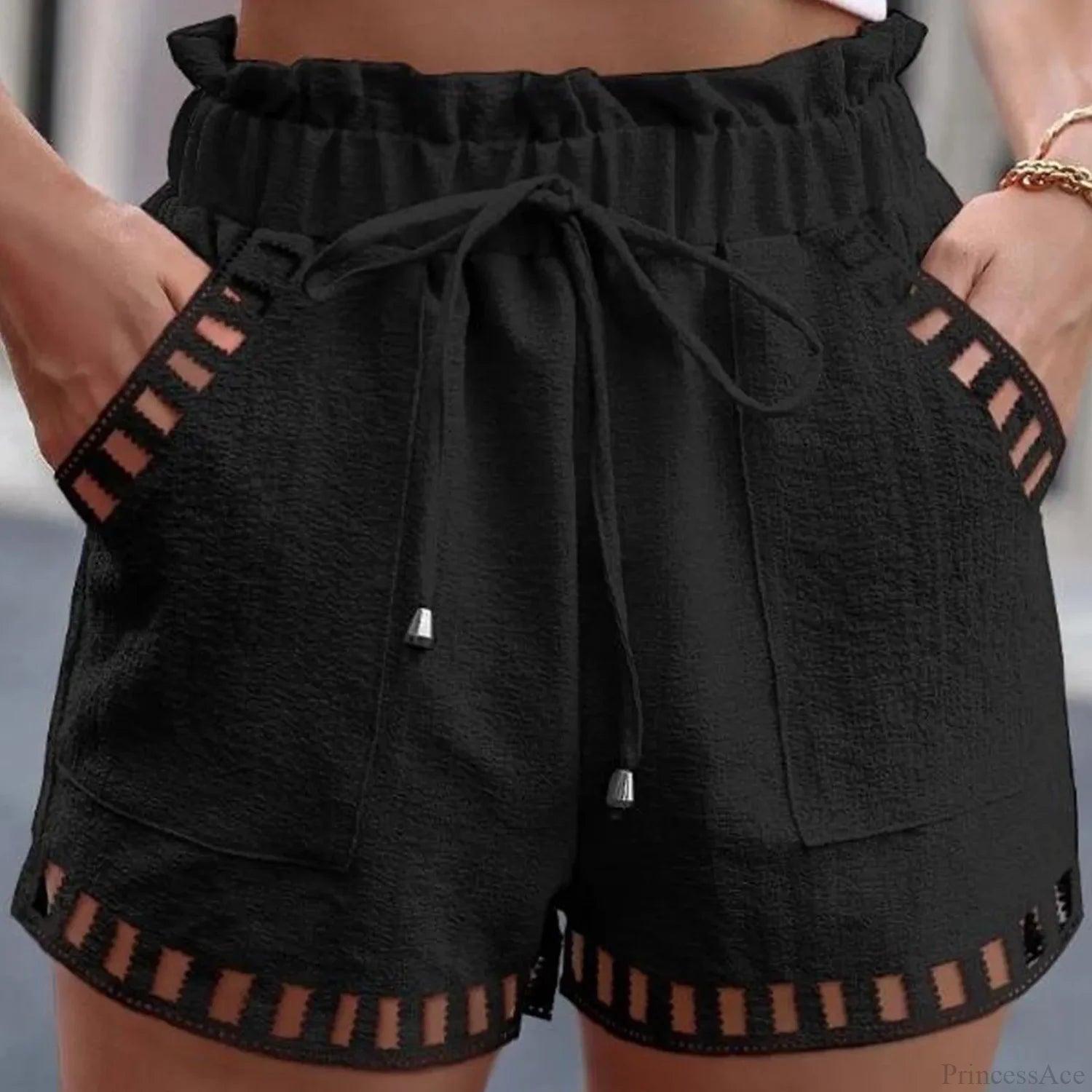 Cotton Linen HolLow-Out Beach Short Black / S short-250223