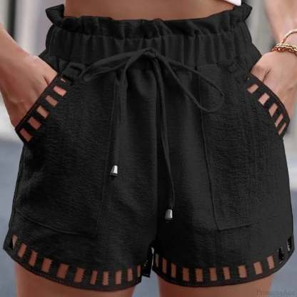 Cotton Linen HolLow-Out Beach Short Black / S short-250223