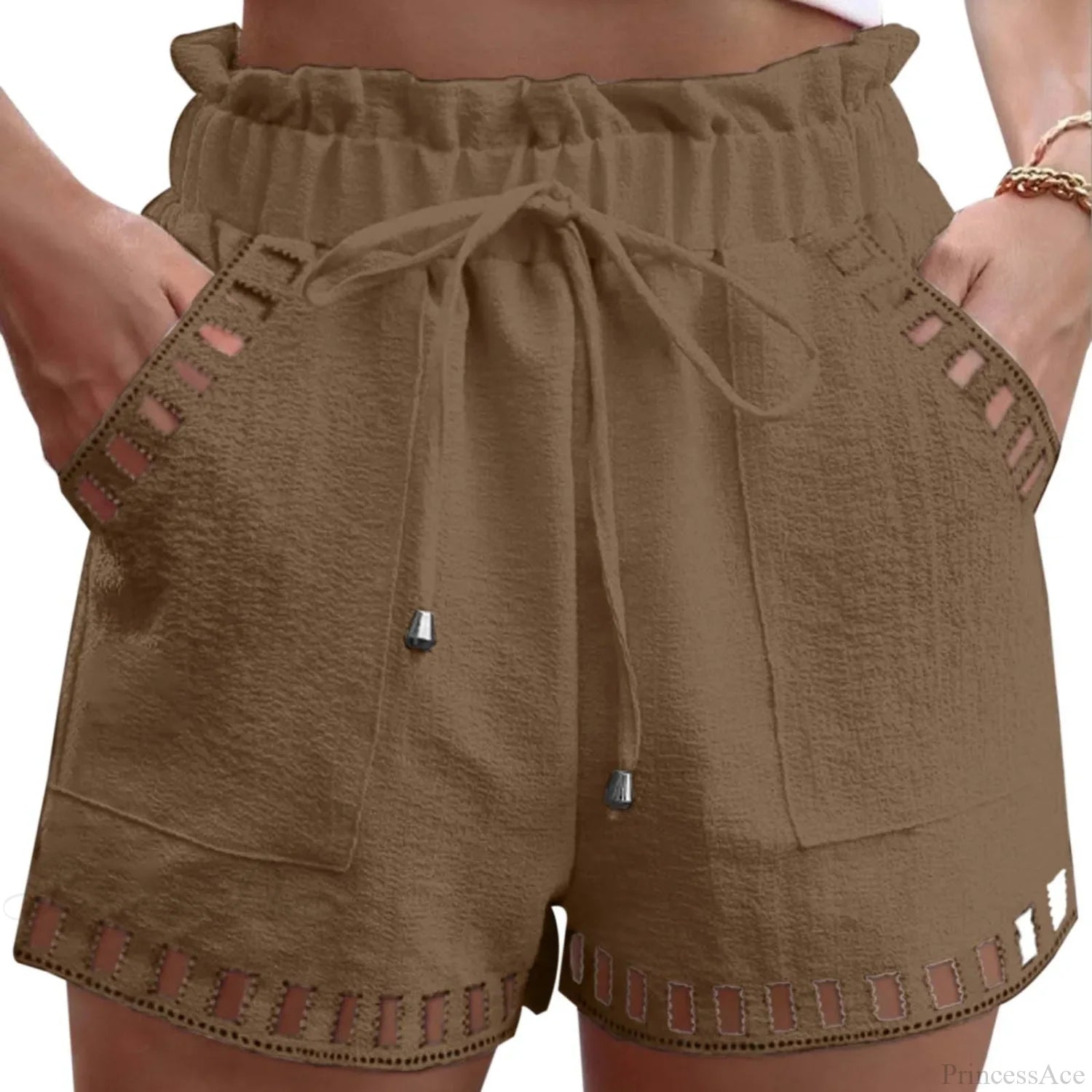 Cotton Linen HolLow-Out Beach Short Brown / S short-250223