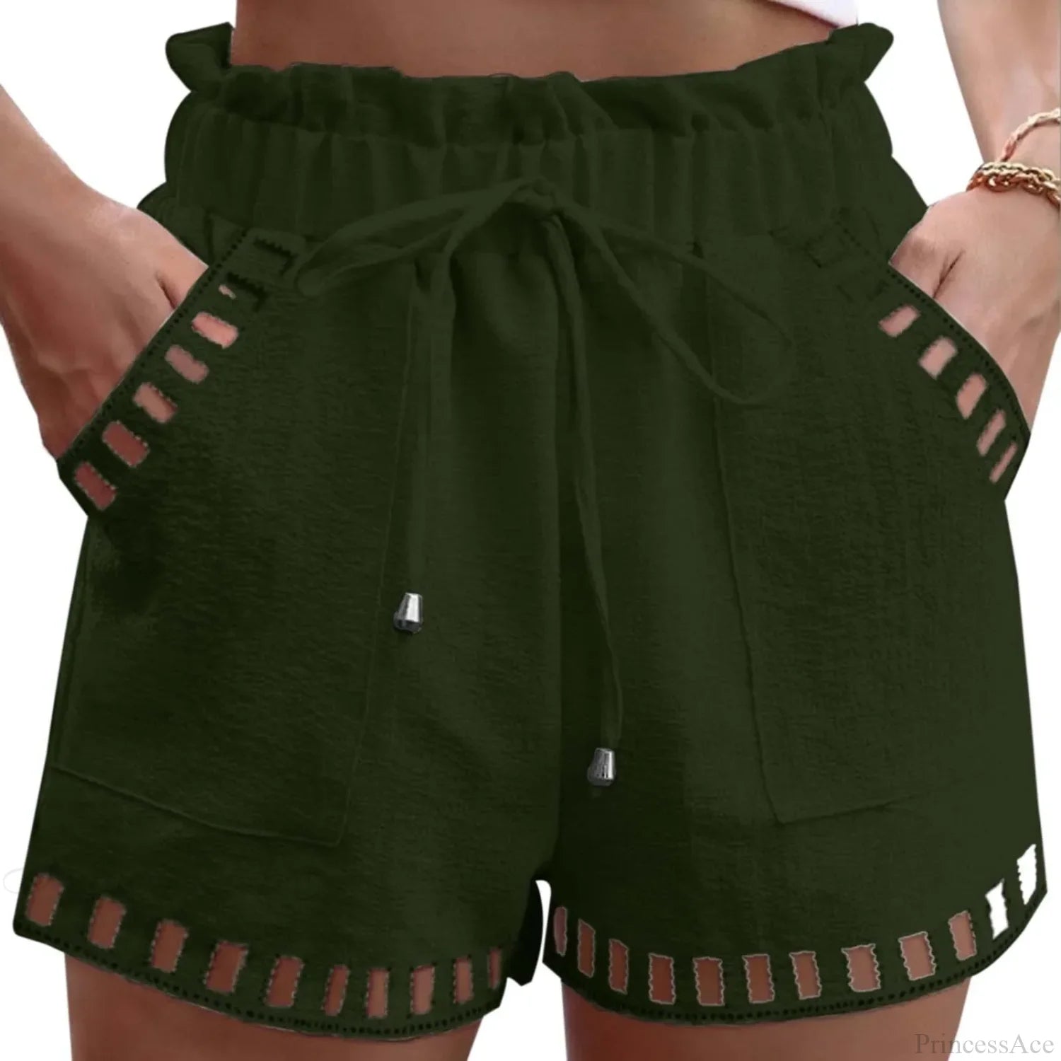 Cotton Linen HolLow-Out Beach Short dgreen / S short-250223