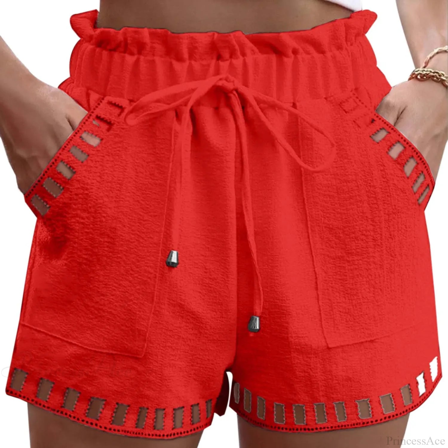 Cotton Linen HolLow-Out Beach Short Red / S short-250223