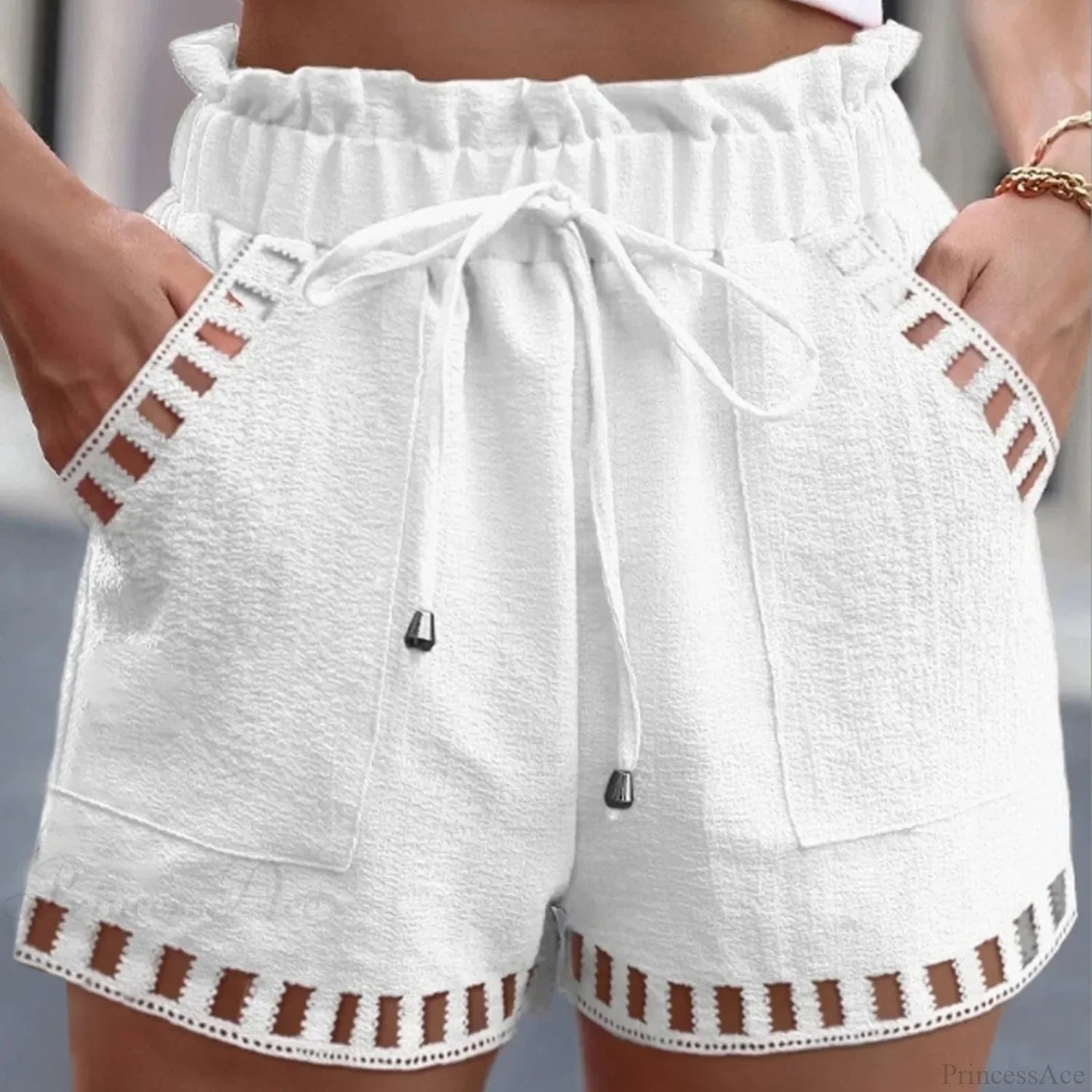 Cotton Linen HolLow-Out Beach Short White / S short-250223