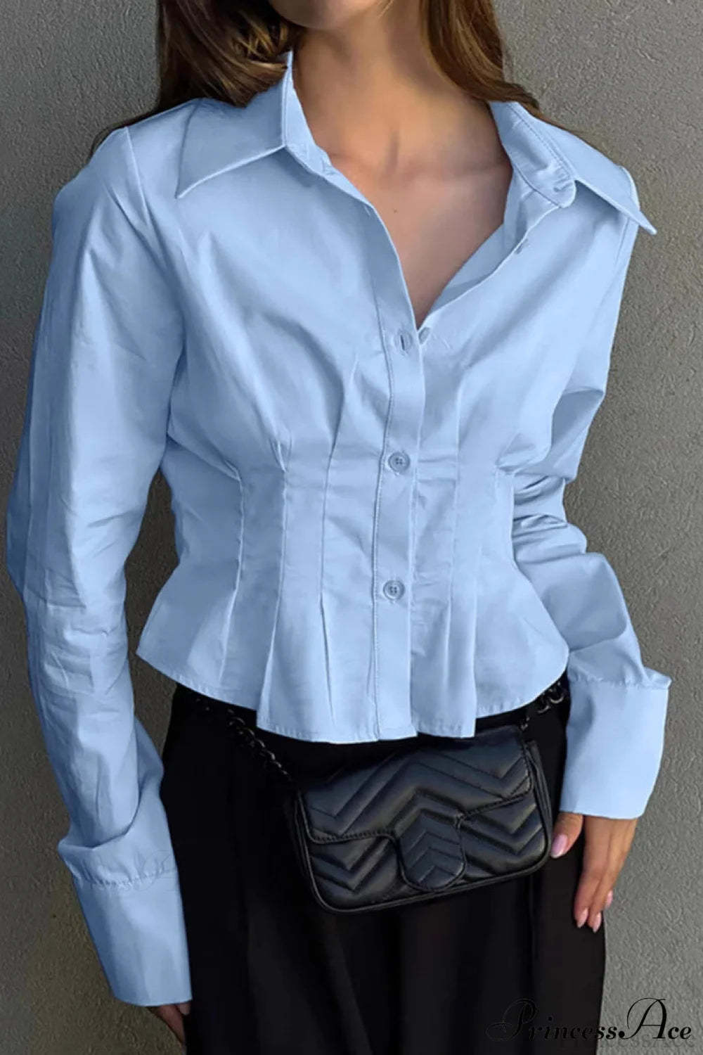 Cotton Ruched Waist Collared Blouse Blue / S