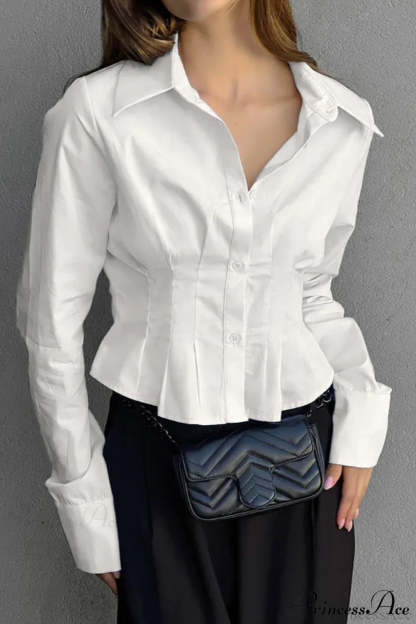Cotton Ruched Waist Collared Blouse White / S