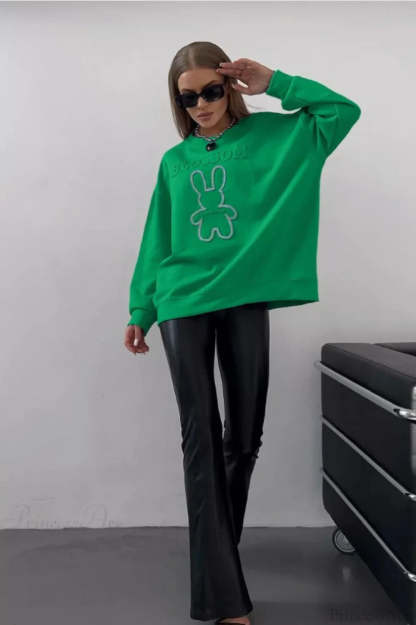 Crew Neck Chic Oversized Embossed Rabbit Sweatshirt