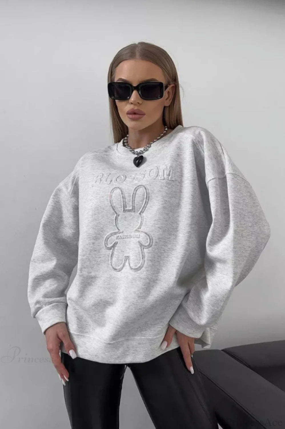 Crew Neck Chic Oversized Embossed Rabbit Sweatshirt
