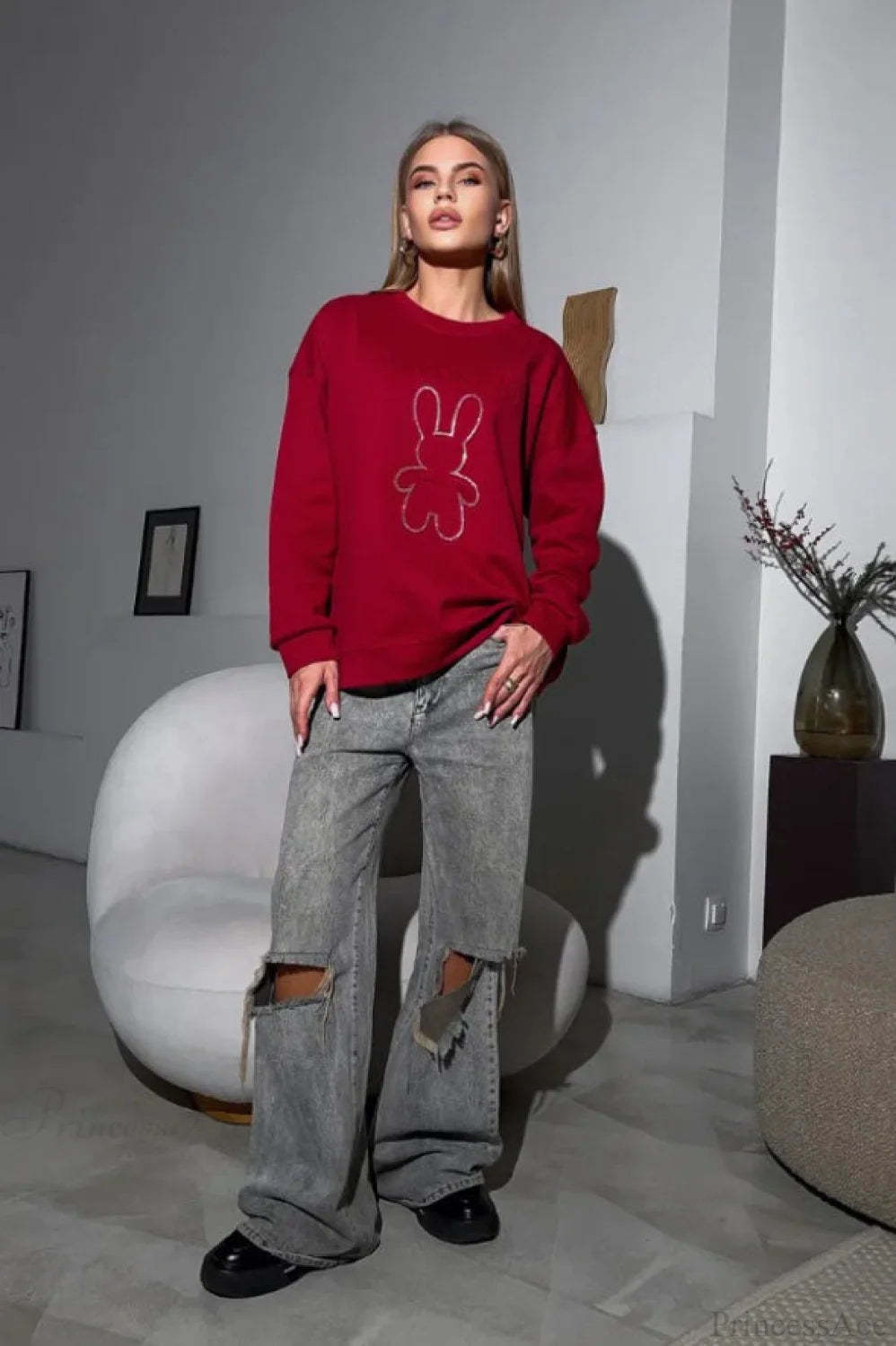 Crew Neck Chic Oversized Embossed Rabbit Sweatshirt