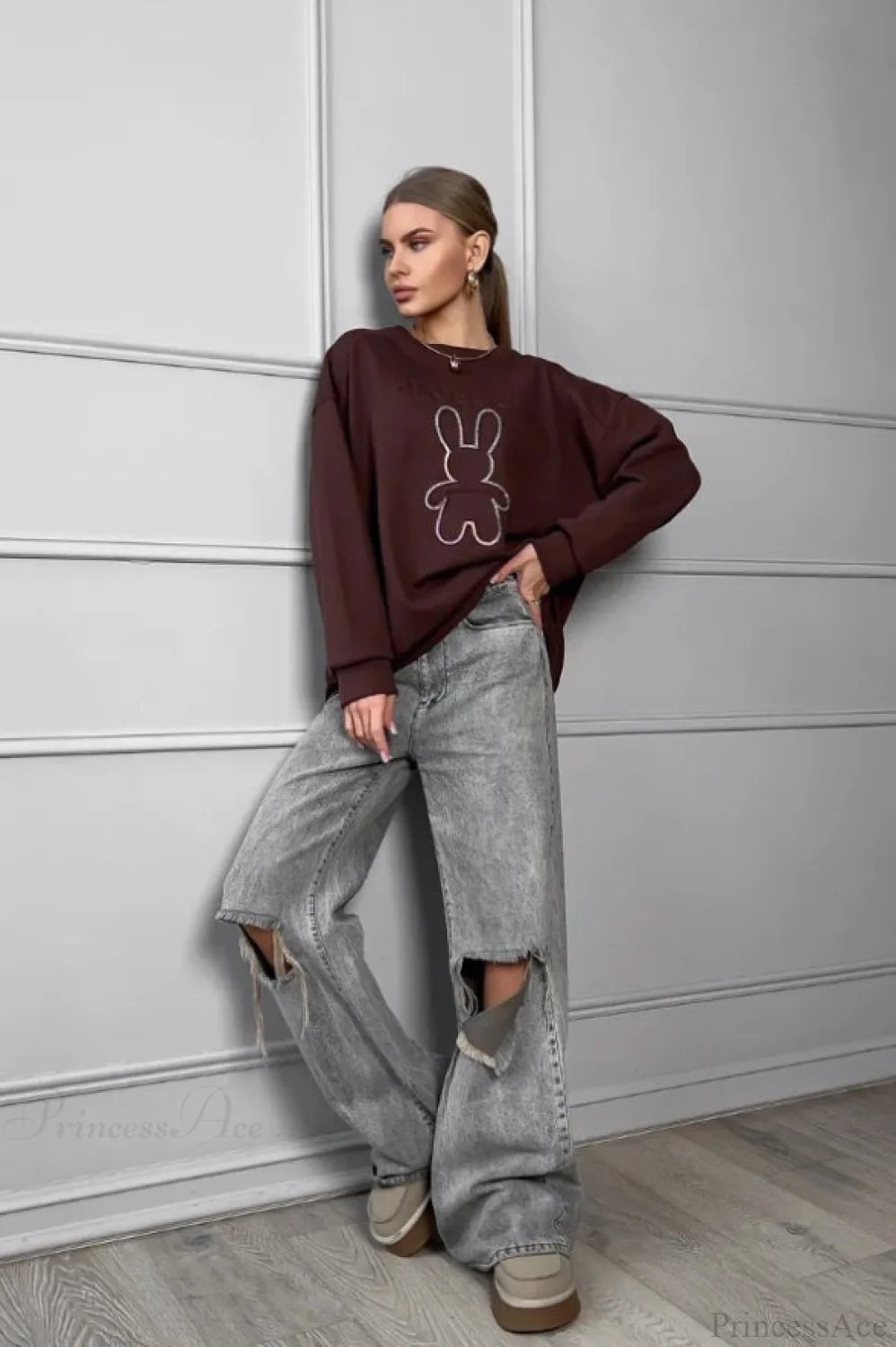 Crew Neck Chic Oversized Embossed Rabbit Sweatshirt