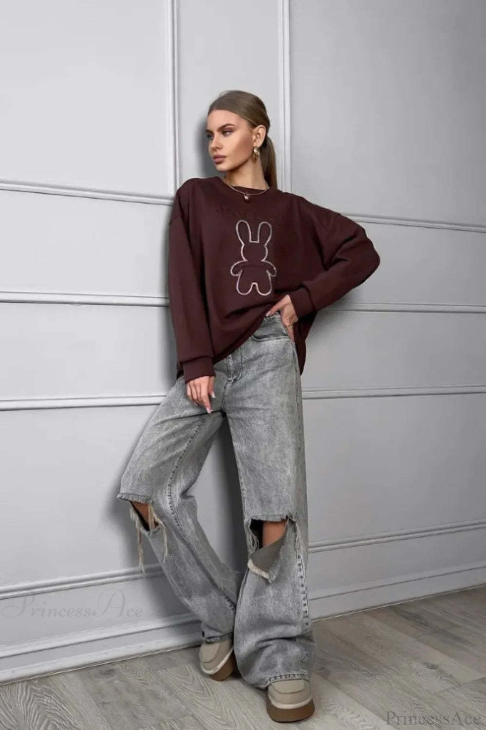 Crew Neck Chic Oversized Embossed Rabbit Sweatshirt