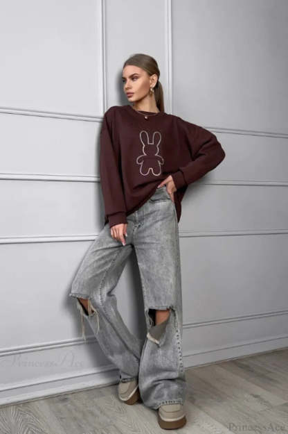 Crew Neck Chic Oversized Embossed Rabbit Sweatshirt