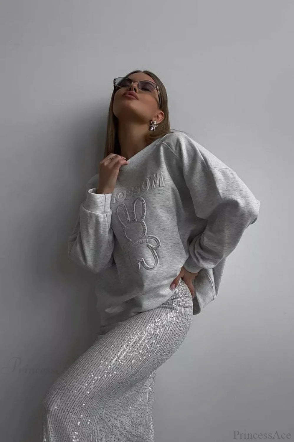 Crew Neck Chic Oversized Embossed Rabbit Sweatshirt