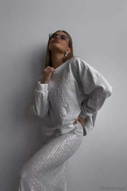 Crew Neck Chic Oversized Embossed Rabbit Sweatshirt