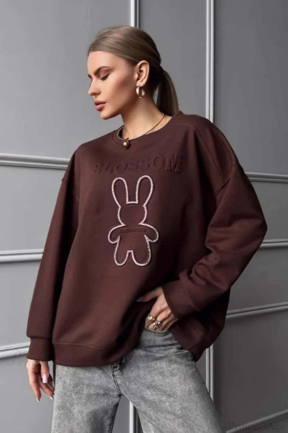 Crew Neck Chic Oversized Embossed Rabbit Sweatshirt Brown / S