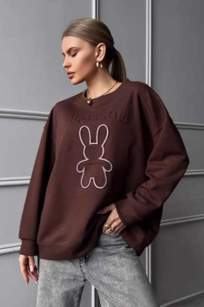 Crew Neck Chic Oversized Embossed Rabbit Sweatshirt Brown / S