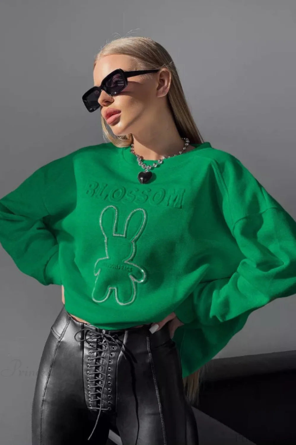 Crew Neck Chic Oversized Embossed Rabbit Sweatshirt Green / S