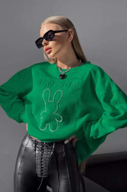 Crew Neck Chic Oversized Embossed Rabbit Sweatshirt Green / S