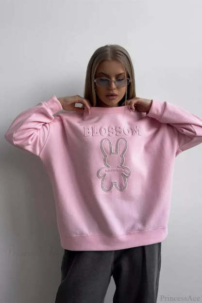 Crew Neck Chic Oversized Embossed Rabbit Sweatshirt Pink / S