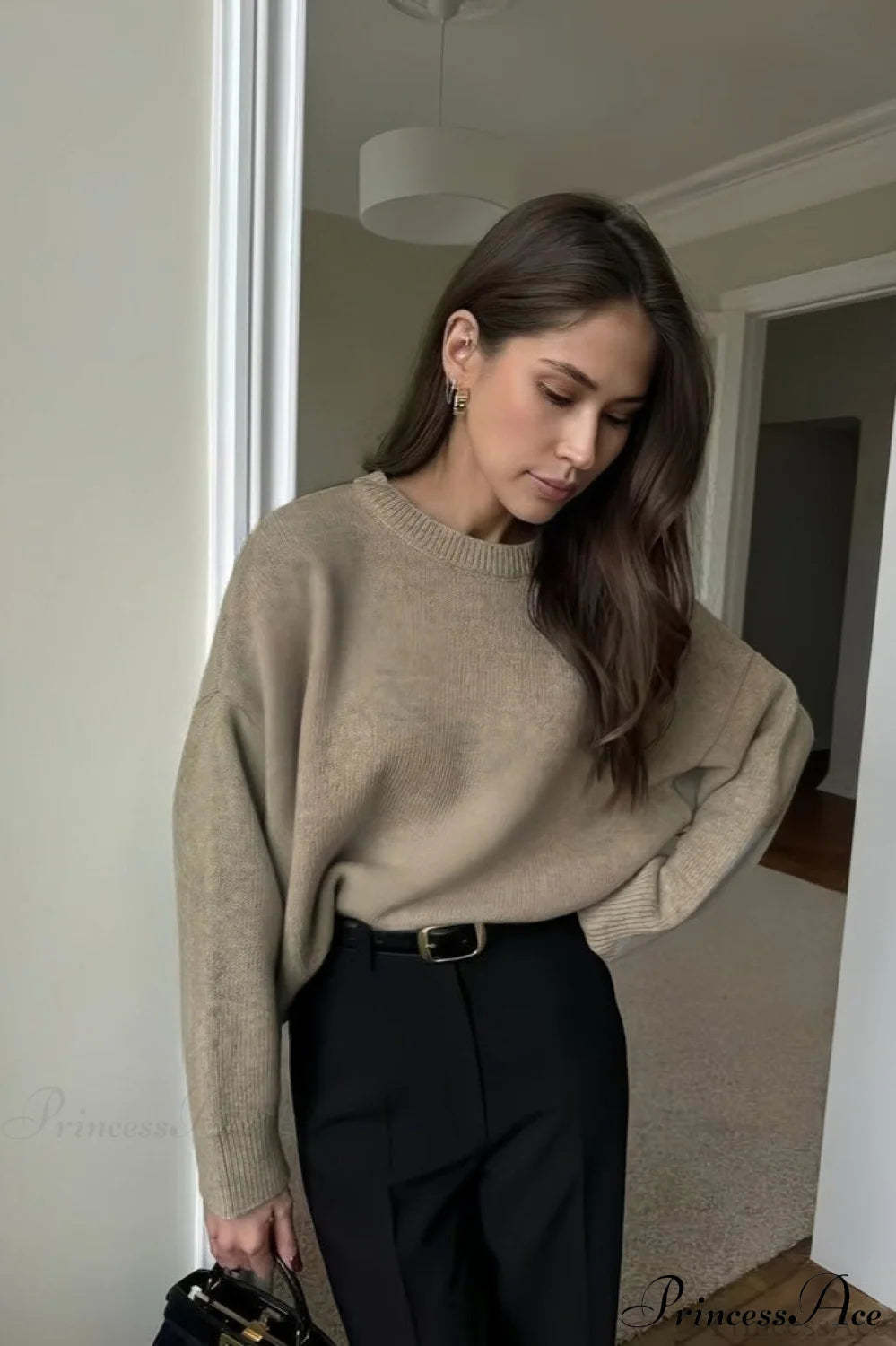 Crew Neck Thick Solid Short Sweater Apricot / M