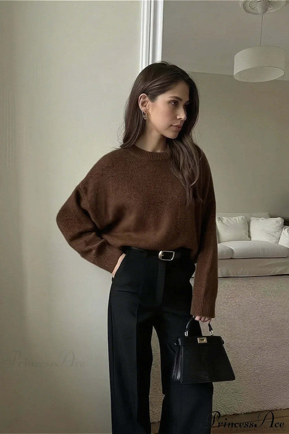 Crew Neck Thick Solid Short Sweater Brown / M