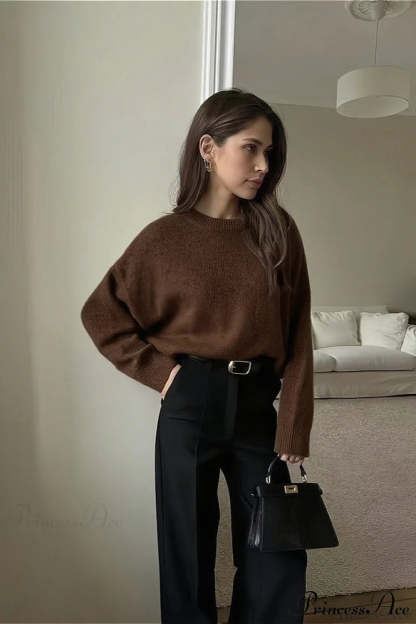 Crew Neck Thick Solid Short Sweater Brown / M