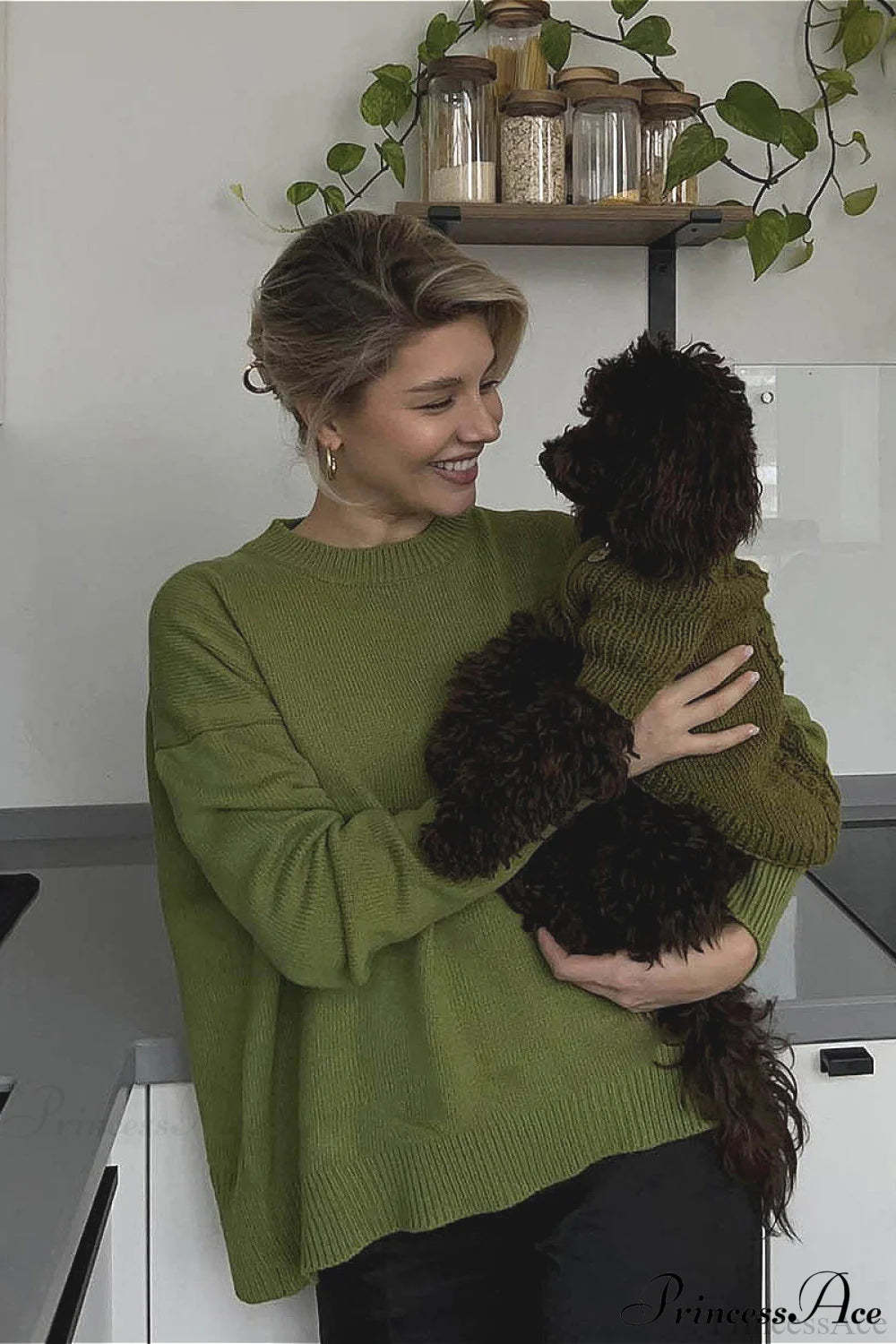 Crew Neck Thick Solid Short Sweater Green / M