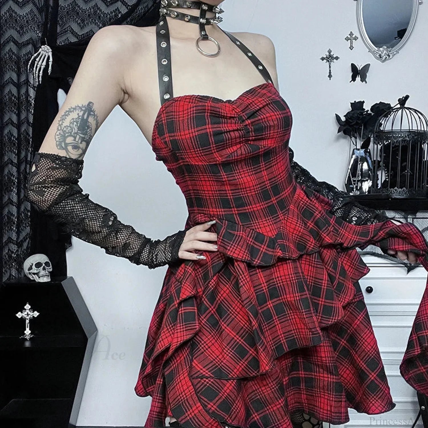 Crimson Tartan Halter Short Dress Red / S