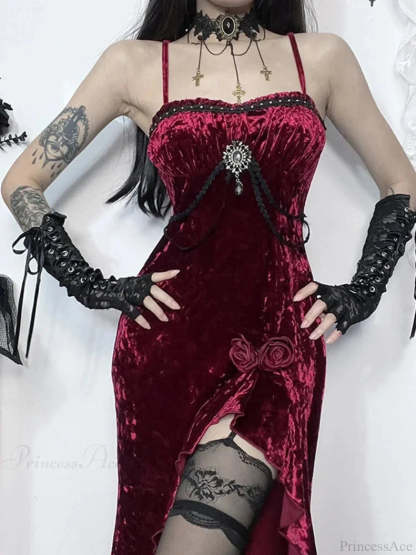 Crimson Velvet Separated Spaghetti Strap Midi Dress