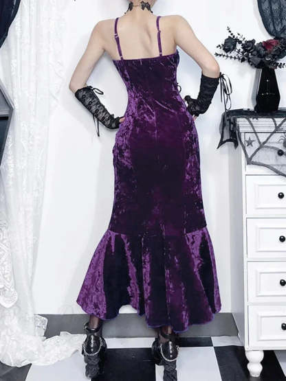 Crimson Velvet Separated Spaghetti Strap Midi Dress