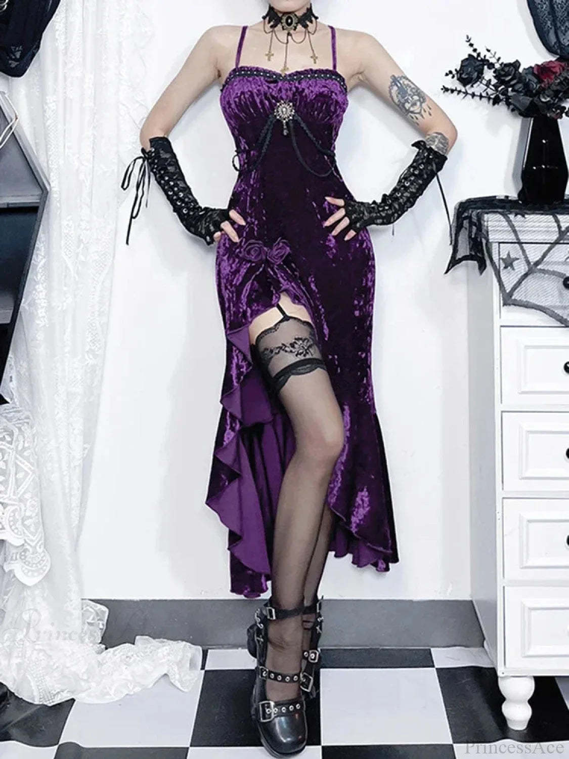 Crimson Velvet Separated Spaghetti Strap Midi Dress Purple / S