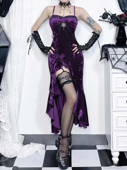 Crimson Velvet Separated Spaghetti Strap Midi Dress Purple / S