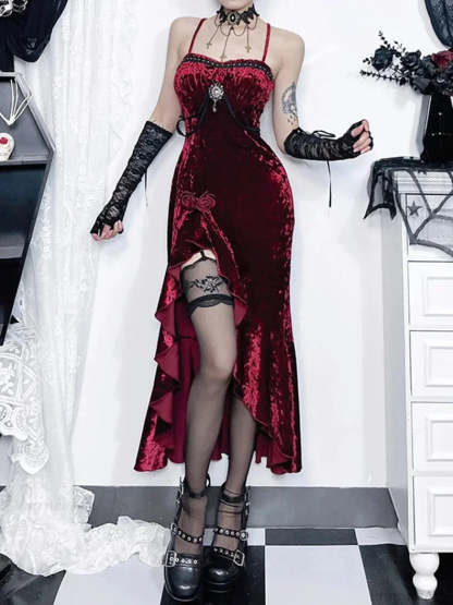 Crimson Velvet Separated Spaghetti Strap Midi Dress Red / S