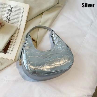 Crocodile Grain Simple PU Leather Shoulder Handbag silver handbag-250126