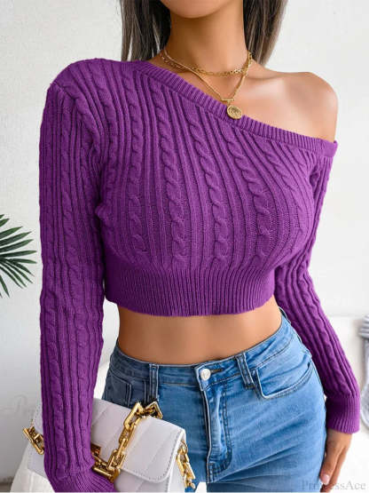 Cropped Off Shoulder Slim Solid Streetwear Green Christmas Sweater Purple / S Sweaters-L