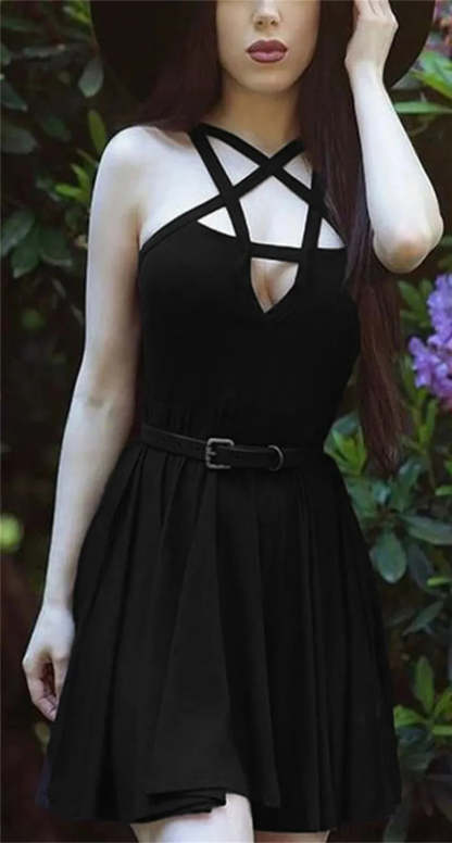 Cross Slim Bands Swing Mini Dress Black / S