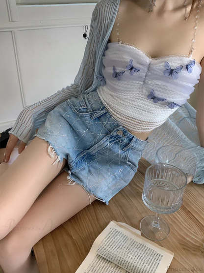 Crossed Frayed Washed Denim Short short-250223