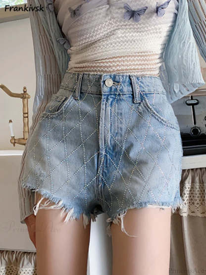 Crossed Frayed Washed Denim Short short-250223