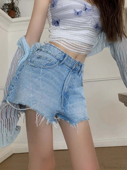 Crossed Frayed Washed Denim Short short-250223